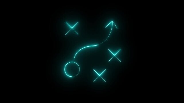 Business strategy neon icon showing a tactical game plan with a curved arrow and cross marks. Glowing planning workflow chart for corporate project management and strategic success..