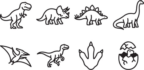 Eight classic cartoon dinosaurs and prehistoric symbols © Torikul