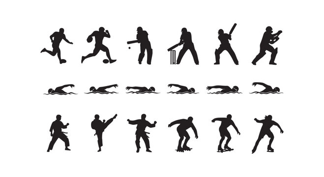 Set of sport silhouettes depicting athletes swimming running playing cricket and practicing martial arts moves.