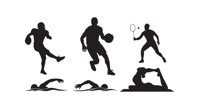 Set of sportspersons silhouettes: footballer, basketball player, badminton player, swimmers, yogi.