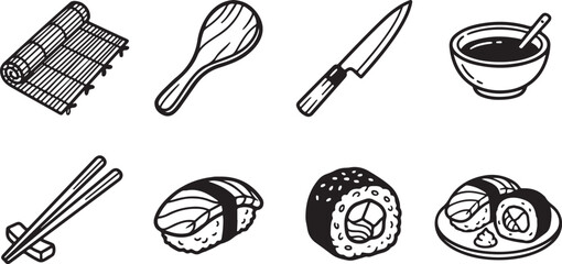Japanese cooking tools and sushi dishes set © Torikul