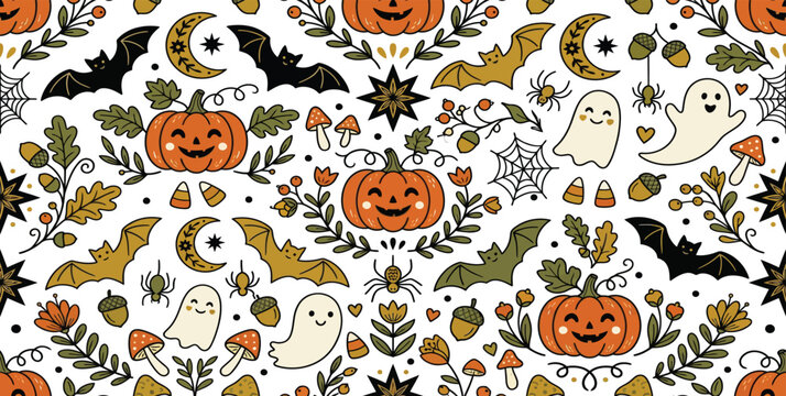 Hand drawn style halloween seamless pattern with pumpkins bats and spooky ghosts halloween seamless spiderweb mushroom crescent celebration decorative background wallpaper wrapping seasonal