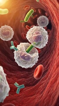 Leukocyte, vital cellular component, performs active phagocytosis, engulfing invading pathogen within microscopic blood vessel, showcasing body's intrinsic immune response defense mechanism.