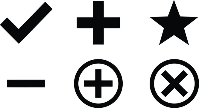 Set of black flat icons including check mark plus sign star minus sign and cross symbol