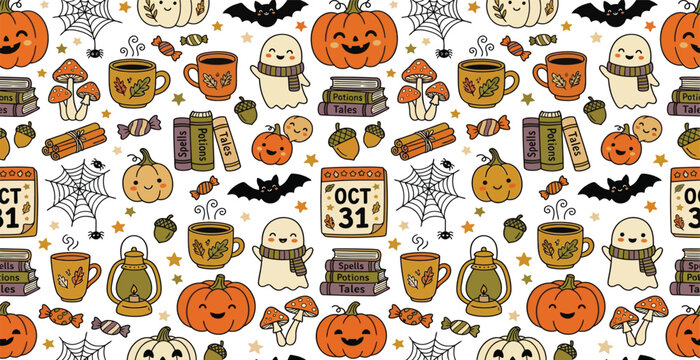 Repeating halloween graphic pattern with cute ghosts pumpkins and magical books halloween seamless illustration wallpaper background mushroom seasonal repeating wrapping creative