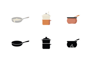 Obraz premium Set of cooking pots and frying pans in flat style and black silhouettes for kitchenware and culinary equipment collection