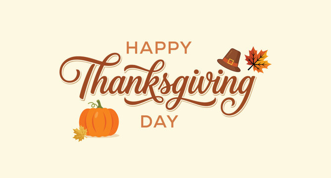 Happy Thanksgiving Day illustration with pumpkin and fall leaves