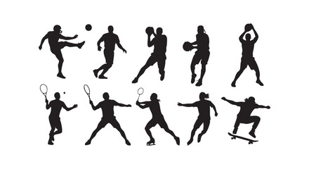 Obraz premium Sport players set collection including american football basketball badminton tennis baseball and skateboarder activity.