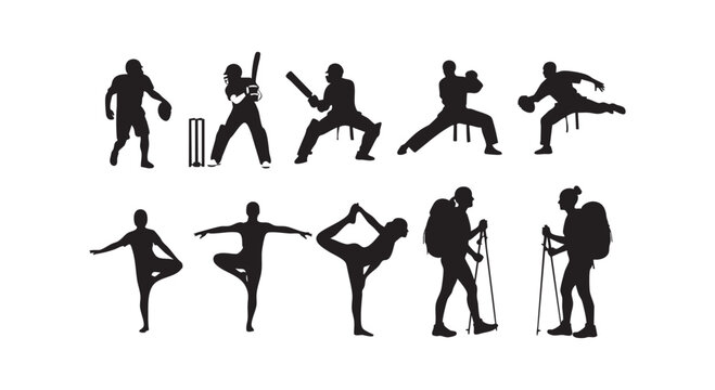 Sport and fitness activity silhouettes, set of vector illustrations showcasing various athletic poses and actions.