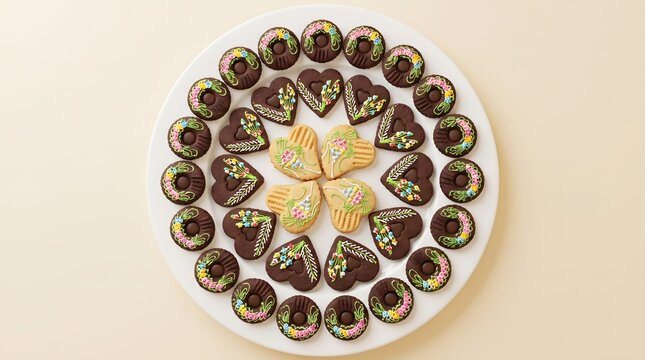 A vibrant arrangement of colorful chocolate and cream-filled sweet pastries on a white plate, decorated with sprinkles, against a beige background, showcasing a delightful dessert platter in