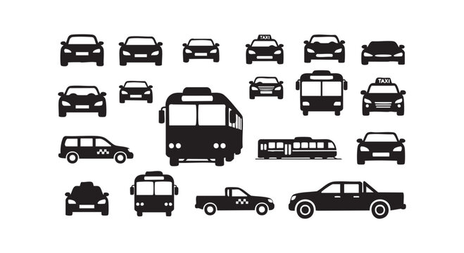 Urban and public transport icons with various cars taxis buses and train for city navigation themes.