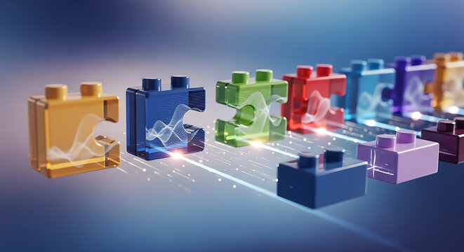 Connected technology concept with colorful Lego blocks linking together in a row