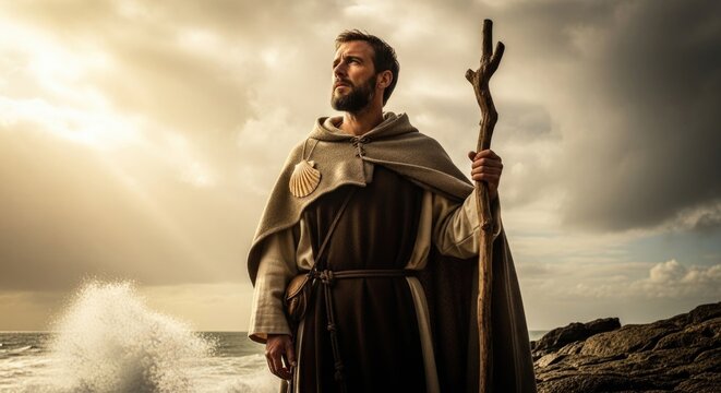 Saint James the apostle pilgrim standing on rugged rocky coastline, ocean wave crashing, dramatic cloudy sky, sunlight ray, traditional hooded cloak, scallop shell, wooden staff.