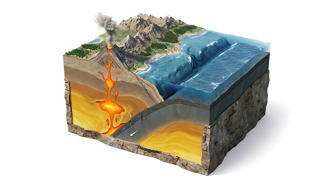 Educational 3D Cross Section View of Subduction Zone Tectonic Process Isolated
