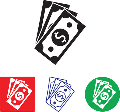 Three Dollar Bill Cash Money Banknotes Icon Vector Set.