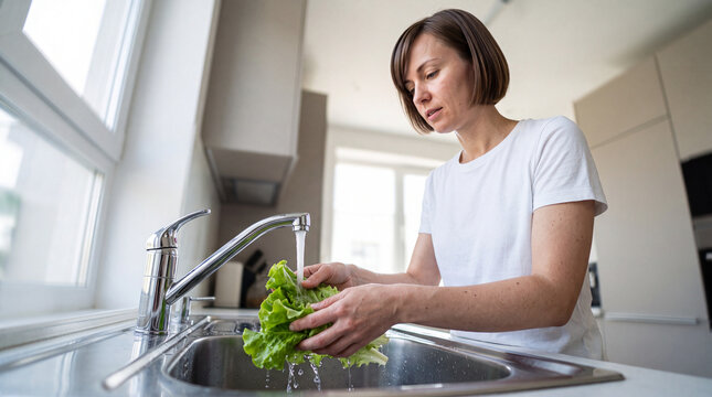 Woman Washing Lettuce To Prevent Cyclosporiasis Contamination At Home