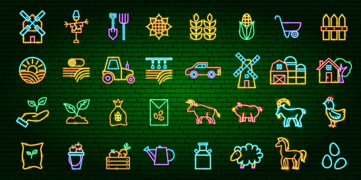 Farm Field Neon Glow Icon Set