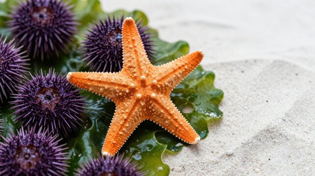 Starfish with purple sea urchins resting on green seaweed over white sand beach shoreline.