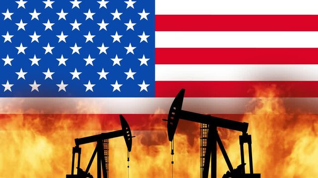 Oil derricks burning over USA flag - background loop