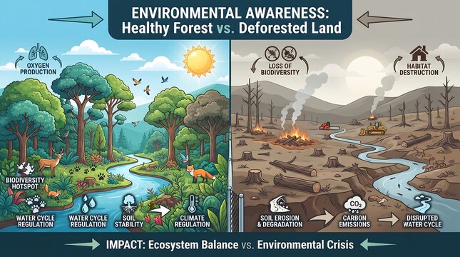 Environmental contrast: Healthy forest with wildlife vs. deforested land with pollution and crisis.