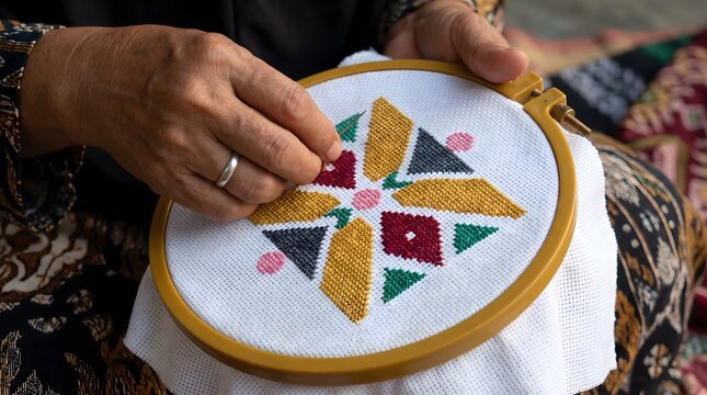 Close up of a woman hands doing traditional embroidery on a white fabric hoop.
