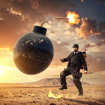 Surreal depiction showing a man fleeing a giant ignited bomb in a desert landscape with dramatic sunset lighting