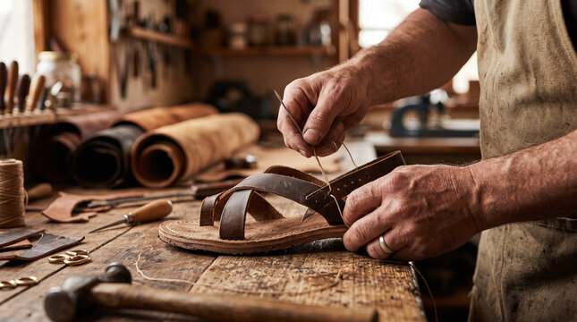 Hands crafting traditional leather sandals &mdash; cultural heritage and artisan footwear craft tradition concept.