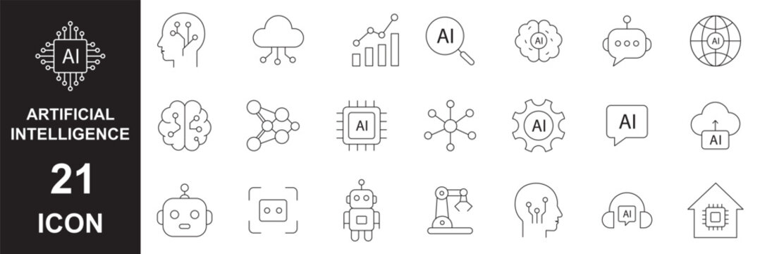 artificial intelligence line icons set, technology vector outline symbols, neural network, brain, data, machine learning elements on transparent background
