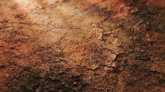 A warm earthy gradient background with terracotta, deep ochre, and damp soil tones. Intense grainy noise effect creates a gritty, sand-like organic texture. Subtle leaf vein patterns and dried mud cra