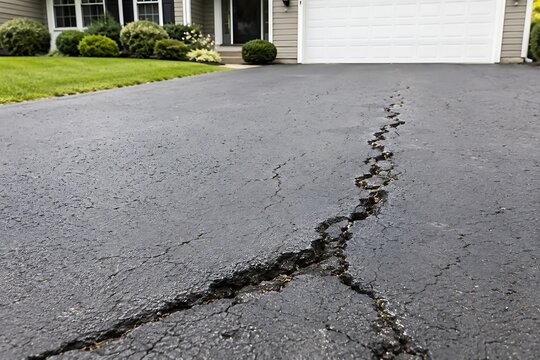 Damaged asphalt driveway with large crack near suburban home