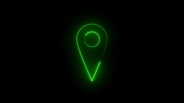 Neon glowing location icon on a black background.green neon glowing location marker for navigation concept. Glowing green neon location pin icon for digital concepts.