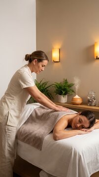 Massage therapist providing a relaxing back massage in a wellness spa, therapeutic care, stress relief, healthy lifestyle, relaxation.