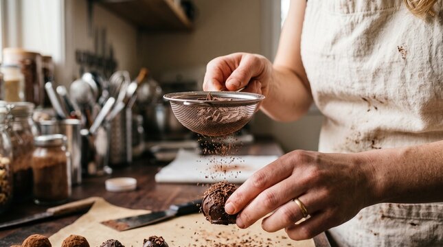 Professional chocolatier working with handmade chocolates in artisan workshop with focus on craftsmanship and confectionery production concept.