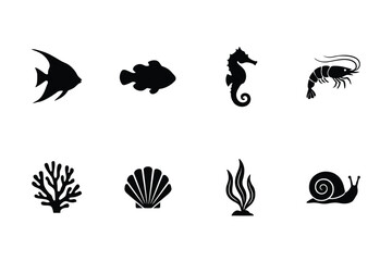 Marine life and sea creature set featuring angelfish, grouper, seahorse, shrimp, coral, seashell, seaweed and snail in black silhouette © Feelio