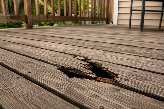 Damaged wooden decking rot and decay requiring repair or replacement