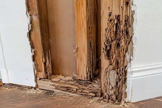 Termite damage to wooden door frame and surrounding area