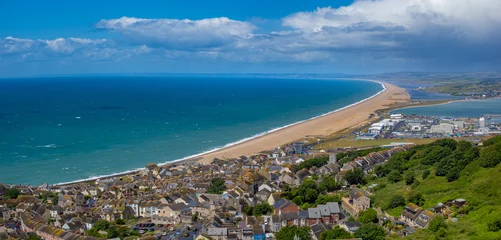 Panoramic view of barrier beach (Chesil Beach), Isle of Portland near Weymouth, Jurassic Coast, Dorset, Southern England © Luis