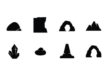 Collection of geological formations and rock featuring stones cliffs arches mountains and crystals in minimalist black silhouette © Feelio