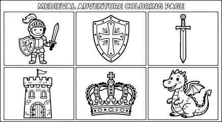 Medieval adventure coloring page for kids with knight and dragon