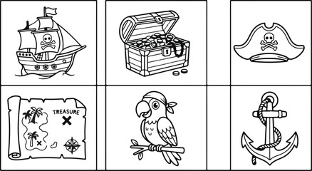 Set of cute pirate icons with ship treasure map parrot and anchor