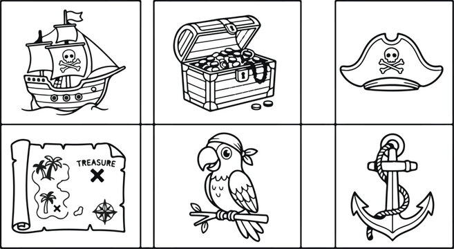 Set of cute pirate icons with ship treasure map parrot and anchor