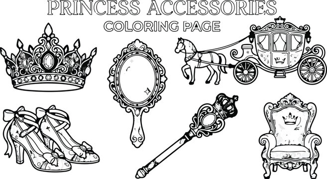 Princess accessories coloring page with crown carriage and royal items