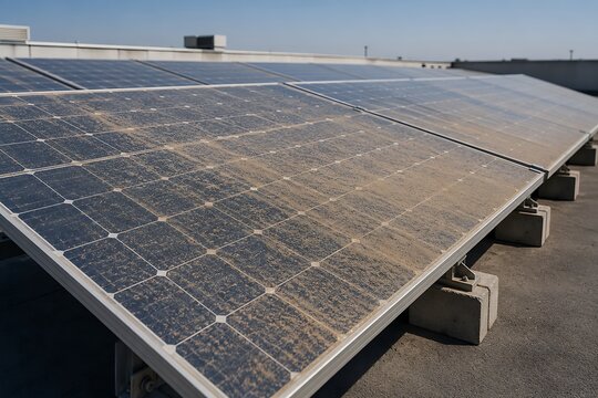 Dirty solar panels on a rooftop