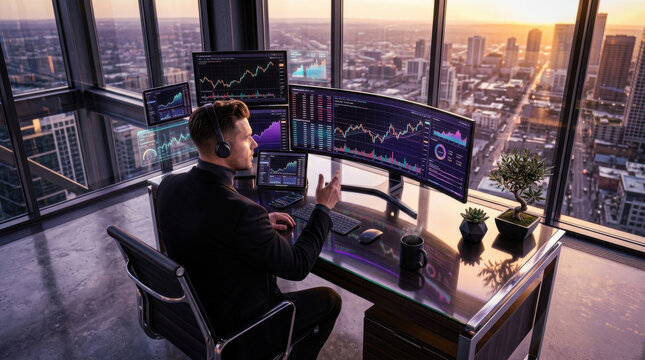 Trader Analyzing Global Market Trends On Curved Monitors In Modern Office