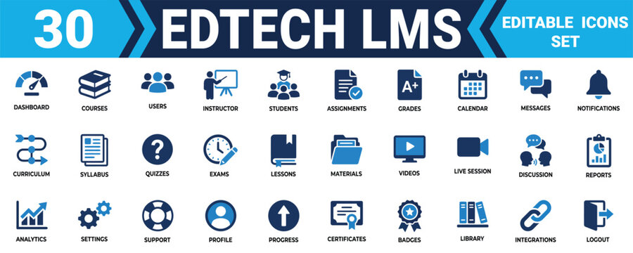 Set of thirty flat blue and black edtech lms icons for online education and digital learning management systems Minimal solid fill icon set bundle collection. Editable Vector Illustration Mega pack