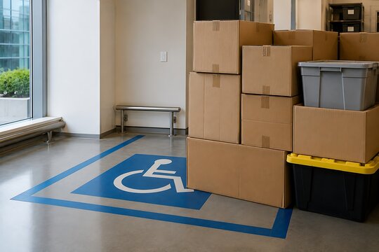 Boxes and storage containers in a hallway with accessibility symbol