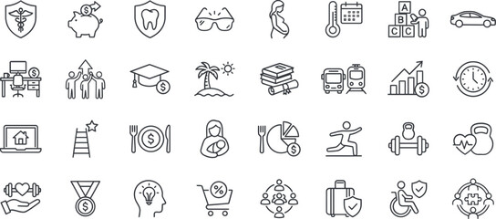 Naklejka premium Employee Benefits Line Icon Set. Healthcare, Insurance, Wellness, Education, Retirement and Compensation Outline Vector Collection