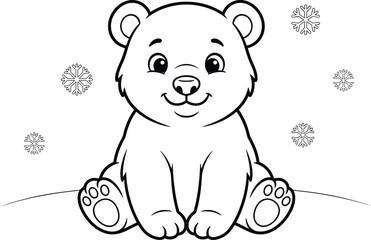 Bear Cub Illustration with Snowflakes in Background, Cute Cartoon Animal Drawing Featuring Winter, Sketch, Outline with Black © AnjueManAra