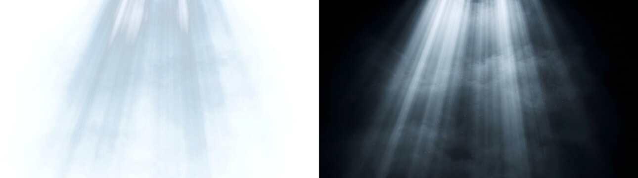 Light rays cascade in cool white beams for cinematic overlays with PNG, Transparent and Black Background Versions