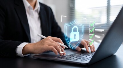 Fototapeta premium comprehensive cybersecurity data protection and compliance management on secure laptop interface with digital shield and lock icon for privacy protection risk control information security governance
